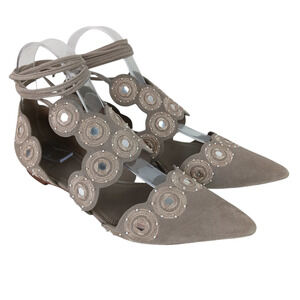 Tory Burch SZ 6.5 Yasmin d'Orsay Point Toe Flats Dust Storm Beading Embroidery